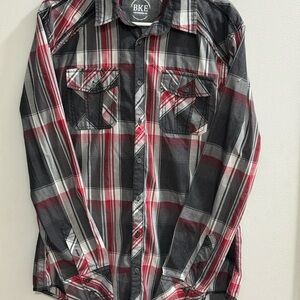 BKE Men's‎ Athletic Fit Plaid Shirt - Red, Black, Gray Size Large